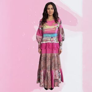 Upcycled Pink Boho shabby chic maxi dress with mutton chop sleeves Size M-L